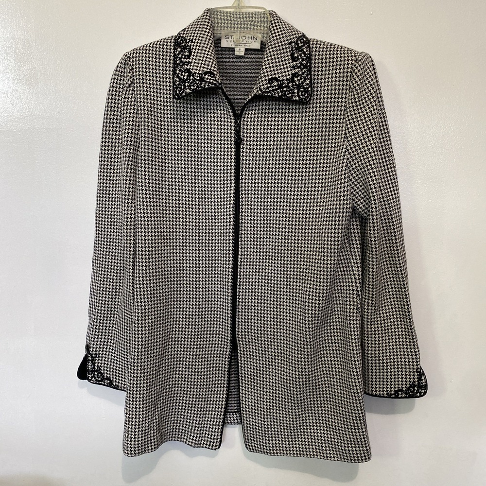 Vtg ST JOHN Blazer‎ Sz 8 Med Black White Houndstooth Check Stretch Knit Zip Up